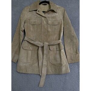 Vintage Express World Brand Tan Leather Belted Coat Womens Small Pockets